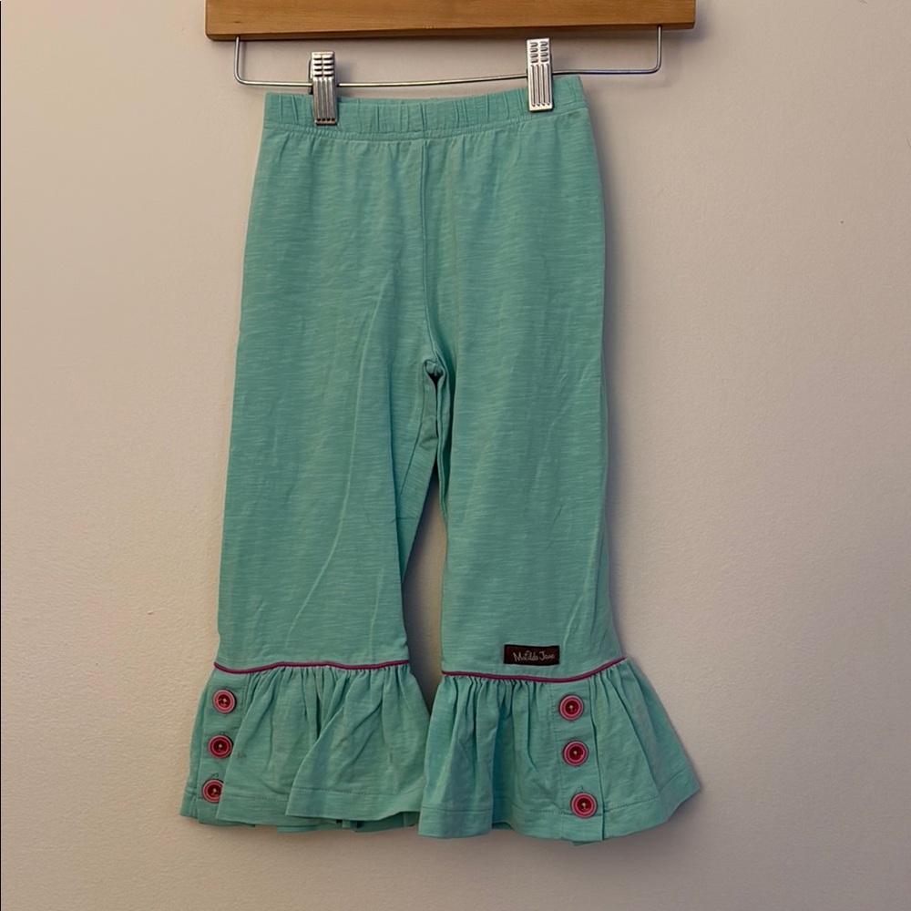 Girls' Aqua Ruffle Pants with Button Detail